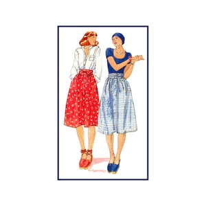 May include: Two women wearing skirts with different patterns. One skirt is red with white floral print and the other is blue and white gingham. Both skirts have a button closure and a tie at the waist.