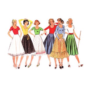 May include: Illustration of six women in colorful outfits. Each woman wears a different colored top, paired with a skirt. The skirts vary in style and pattern, including polka dots and floral designs. The image has a vintage, retro aesthetic.
