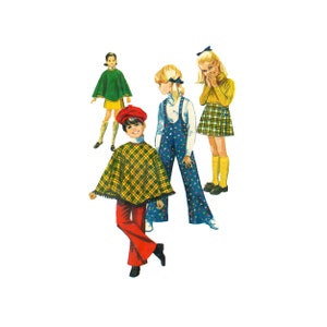 May include: Illustration of children's clothing from the 1970s. A boy wears a plaid poncho, red trousers, and a red cap. Other children are in a green cape, blue dungarees with floral print, and a yellow jumper with a plaid skirt.