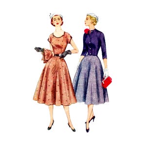 May include: Watercolor illustration of two women in vintage dresses. One wears a peach-colored dress with a heart pattern, black gloves, and a belt. The other wears a navy blue top, a checkered skirt, and holds a red clutch. Both wear hats.