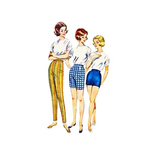 May include: Three women wearing different outfits. The woman on the left is wearing a white shirt and yellow and brown striped trousers. The woman in the middle is wearing a white shirt and blue and white checked shorts. The woman on the right is wearing a white shirt and blue shorts.