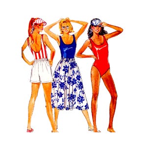 May include: Illustration of three figures in summer attire. One wears a red and white striped swimsuit with white shorts and a visor. Another is in a blue top and a white skirt with blue floral print. The third is in a red swimsuit and visor.