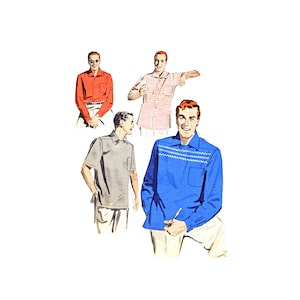 May include: Illustration of four shirts on men. The shirts are in various colours, including red, grey, and blue. One shirt has a striped pattern, and another has a decorative white zigzag design. The men are wearing white or beige trousers.