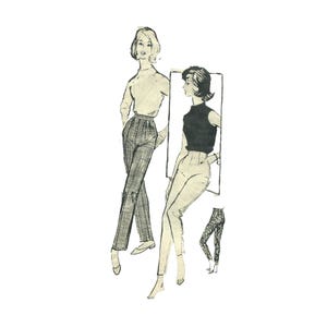 May include: A black and white fashion illustration featuring two figures wearing high-waisted trousers and sleeveless tops. One figure wears plaid trousers, while the other wears solid light-colored trousers. A small inset shows patterned leggings.