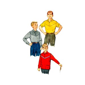 May include: Three boys wearing different shirts and pants. The boy on the left is wearing a plaid shirt and blue pants. The boy in the middle is wearing a yellow shirt and brown pants. The boy on the right is wearing a red shirt and blue pants.