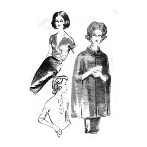 May include: Black and white illustration of three women's fashion designs. The designs include a V-neck top and skirt, a cape-style coat with a collared neckline, and a button-down top. The image is a vintage fashion illustration.