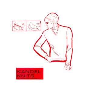 May include: Red and white illustration of a person wearing a V-neck sweater. The image includes two smaller diagrams and the text "KANDEL KNITS" with an address in Portland, Oregon.