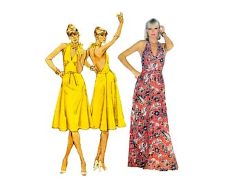 May include: Three women wearing different styles of halter dresses. The dresses are all floor-length and have a wrap-style design. The first two dresses are yellow and the third dress is red with a floral print.