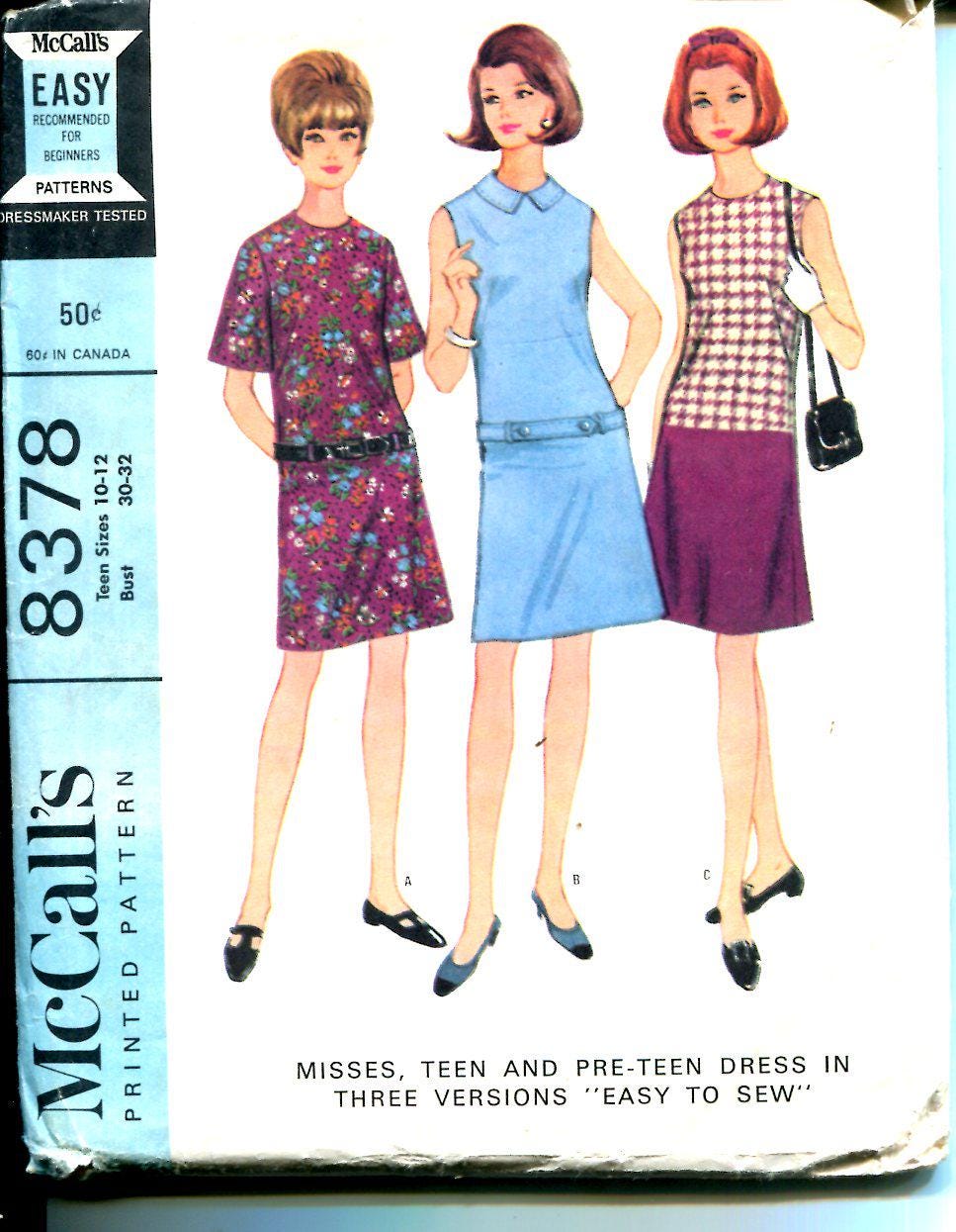 60s Mccall's 8378 Low-waisted Dress Vintage Sewing Pattern Teen