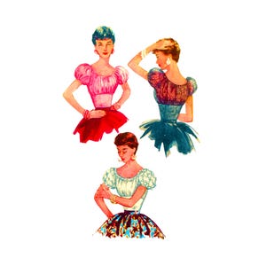 May include: A watercolor illustration of three figures wearing puff-sleeve tops and skirts. One figure wears a pink top with a red skirt, another a dark purple top with a teal skirt, and the third a white top with a blue and brown patterned skirt.