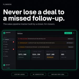 Könnte beinhalten: Eine digitale Dashboard-Oberfläche mit dem Titel Flowdesk und dem Text Never lose a deal to a missed follow-up. Die Software im dunklen Design zeigt Kennzahlen wie offene Pipeline, gewichtete Prognosen und die Erfolgsquote an.