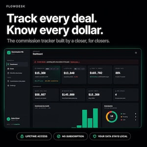 以下が含まれることがあります： 「Track every deal. Know every dollar.」というテキストが表示された、ダークテーマのダッシュボードインターフェース。インターフェースには財務データ、チャート、グラフが表示されています。画像の下部には「Lifetime Access」、「No Subscription」、「Your data stays local」というテキストが含まれています。