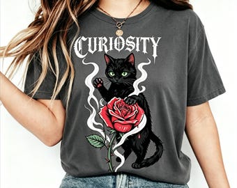 Curiosity Black Cat Rose Graphic Tee, Gothic Grunge Oversized Shirt, Dark Art Streetwear, Witchy Occult Aesthetic