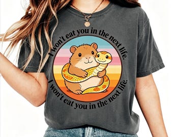 Funny Hamster and Snake T-Shirt, I Won’t Eat You In The Next Life Graphic Tee, Cute Retro Sunset Humor Shirt, Unisex Cotton Meme Tee