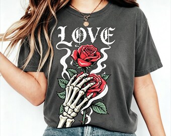 Women's Dark Gothic Rose Skeleton Tee, Grunge Streetwear Love Graphic Shirt