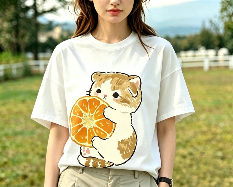 May include: White t-shirt featuring a cartoon cat holding a large orange slice. The cat has brown and white fur, and the orange is a bright orange color. The shirt has short sleeves and a relaxed fit.