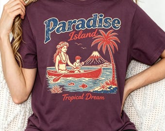 Retro Paradise Island T-Shirt, Vintage Hawaii Aloha Tee, Tropical Dream Surf Graphic Washed Shirt, Summer Beach Vacation Top