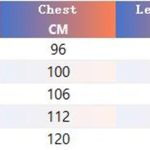 May include: A size chart for clothing, with measurements in centimeters. The chart includes sizes S, M, L, XL, and XXL, with corresponding shoulder, chest, length, and sleeve measurements. The chart has a gradient color scheme.