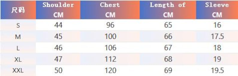 May include: A size chart for clothing, with measurements in centimeters. The chart includes sizes S, M, L, XL, and XXL, with corresponding shoulder, chest, length, and sleeve measurements. The chart has a gradient color scheme.