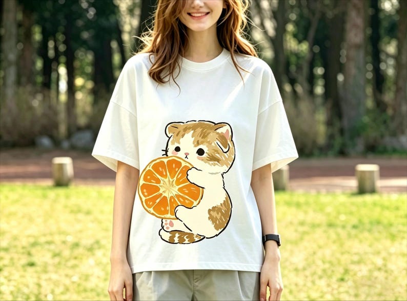 May include: White t-shirt featuring a cartoon cat holding an orange slice. The cat has brown and white fur, and the orange is a bright orange color. The shirt is a casual, oversized style.