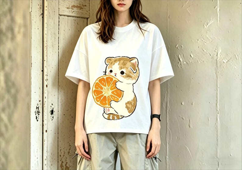 May include: White t-shirt featuring a cartoon cat holding a slice of orange. The cat has brown and white fur. The t-shirt is a casual, short-sleeved style.