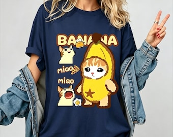 Pixel Art Banana T-Shirt, Kawaii Cat Meme Tee, Unisex Cat Lover Shirt