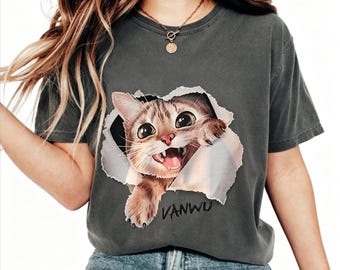 3D Peeking Cat Funny T-Shirt Unisex Cute Humor Shirt Cat Lover Gift Cat Print Women Men Graphic Tee Oversized Casual Daily Wear For Her