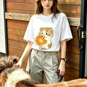 May include: White t-shirt featuring a cartoon cat holding an orange slice. The cat is brown and white with a cute expression. The shirt is paired with khaki pants. The background includes a wooden wall and a person.