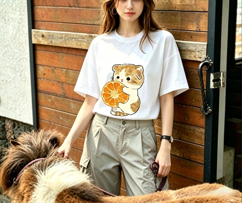 May include: White t-shirt featuring a cartoon cat holding an orange slice. The cat is brown and white with a cute expression. The shirt is paired with khaki pants. The background includes a wooden wall and a person.