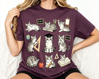 Retro Teacher Cat Kitten Shirt, Comfort Colors Tee, Cute Cat School Life T-Shirt, Funny Gift for Cat Lover Women