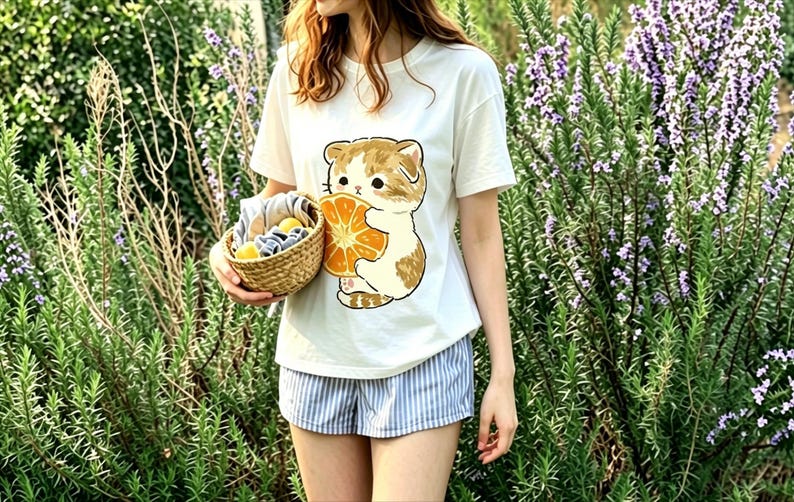 May include: A white t-shirt with a cartoon cat holding an orange slice. The cat is brown and white. The person is wearing blue and white striped shorts and holding a woven basket with lemons.