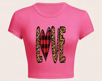 Leopard Plaid LOVE Crop Top | Pink Y2K Baby Tee | Trendy Fitted Graphic Top | Cute Aesthetic Short Sleeve | Gift For Her