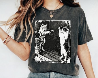 Funny Cat with Gun T-shirt, Meme Shirts, Cats Lover Gift, Gag Gifts, Comfort Colors, Unisex Graphic Tee, Ironic Tshirts, Weird Tees