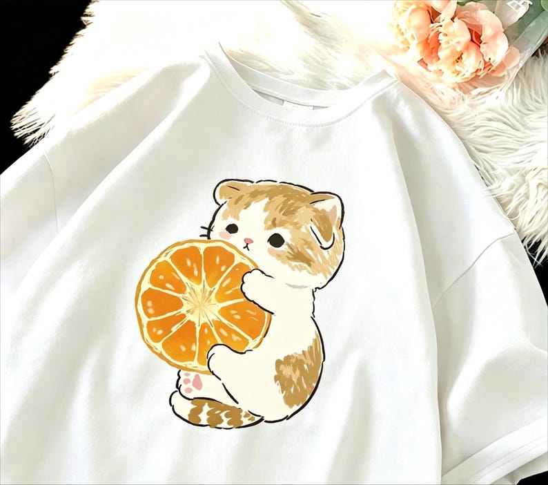 May include: White t-shirt featuring a cartoon cat holding a large orange slice. The cat has brown and white fur, with a cute expression. The orange slice is bright orange with visible segments. The shirt is made of a soft material.
