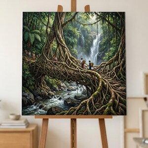 Living Root Bridge Oil Painting, Hand Painted Meghalaya Rainforest Bridge on Canvas, Northeast India Wall Art, Nature Decor