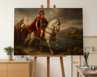 Crossing the Rubicon Oil Painting, Hand Painted Julius Caesar on a White Horse at the River with His Legion on Canvas, Rome Art
