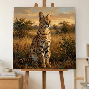 Pintura al óleo de un serval, gato montés africano pintado a mano sentado en la hierba al atardecer sobre lienzo, arte mural de vida silvestre.