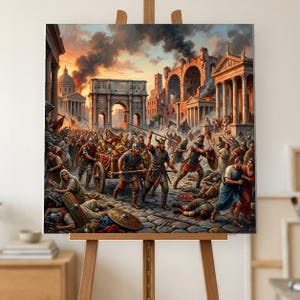 Sack of Rome Oil Painting, Hand Painted Visigoths in the Burning Forum on Canvas, Fall of Rome History Wall Art