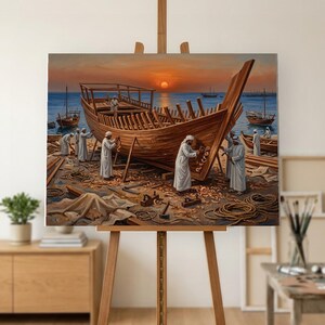Dhow Builders Oil Painting, Hand Painted Gulf Boatyard at Sunset on Canvas, Traditional Shipwrights Arabian Wall Art