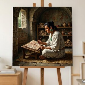 Dipinto ad olio raffigurante uno scriba Maya, un pittore di codici dipinto a mano in uno scriptorium di un tempio su tela, opera d'arte murale sulla storia mesoamericana.