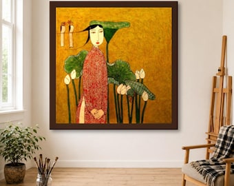 Ao Dai Oil Painting, Hand Painted Modern Vietnamese Woman With Lotus Leaf on Gold on Canvas, Vietnam Wall Art, Asian Decor