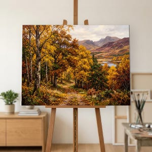 Dipinto ad olio di una foresta autunnale, sentiero nel bosco dorato dipinto a mano sopra un lago e montagne su tela, decorazione murale autunnale