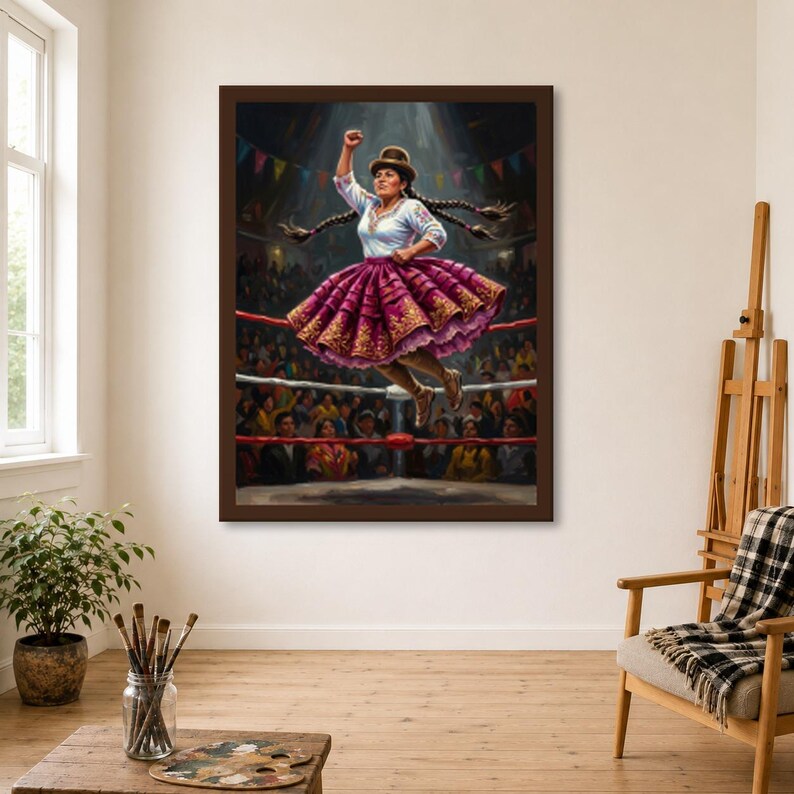 Top Hand Ropes Ringer Cholita Wrestler Hand Painted Oil Painting or Canvas Print, Bolivian ...