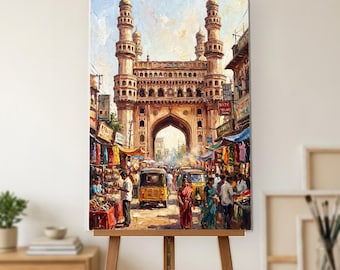 Charminar Street Oil Painting, Hand Painted Hyderabad Bangle Bazaar with Yellow Auto Rickshaws by Day on Canvas, India Wall Art