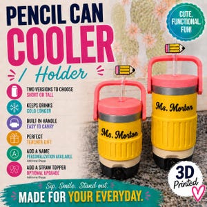 May include: Yellow and pink pencil-themed can coolers with a handle and straw. The coolers have the name "Ms. Morton" printed on them. The design includes a pencil-shaped straw topper. The text on the cooler says "Pencil Can Cooler / Holder".