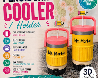 Porte-crayon pour glacière | Pot pour boisson imprimé en 3D, cadeau pour enseignant, nom et décoration en paille en option