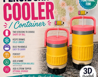 Pencil Can Cooler Container | 3D Printed Drink Holder, Teacher Gift, Optional Custom Name with Straw Topper