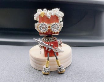Wooden Car Dashboard Cute Steampunk Robot Figurine for Boyfriend, Cogs and Gears Decor Collection Gift For New Car Driver, Travel Drive Safe