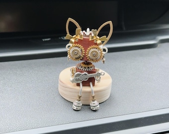 Girlish Guitar Player Wooden Robot Car Dashboard Accessory for Women Driver, Handmade Unique Mechanical Car Interior Charms for Music Lovers