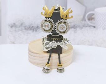 Handmade Sitting Wooden Guitar Player Robot Desk Buddy for Music Lovers, Steampunk Unique Robotic Sculpture, Nuts and Bolts Figurine Kid Toy